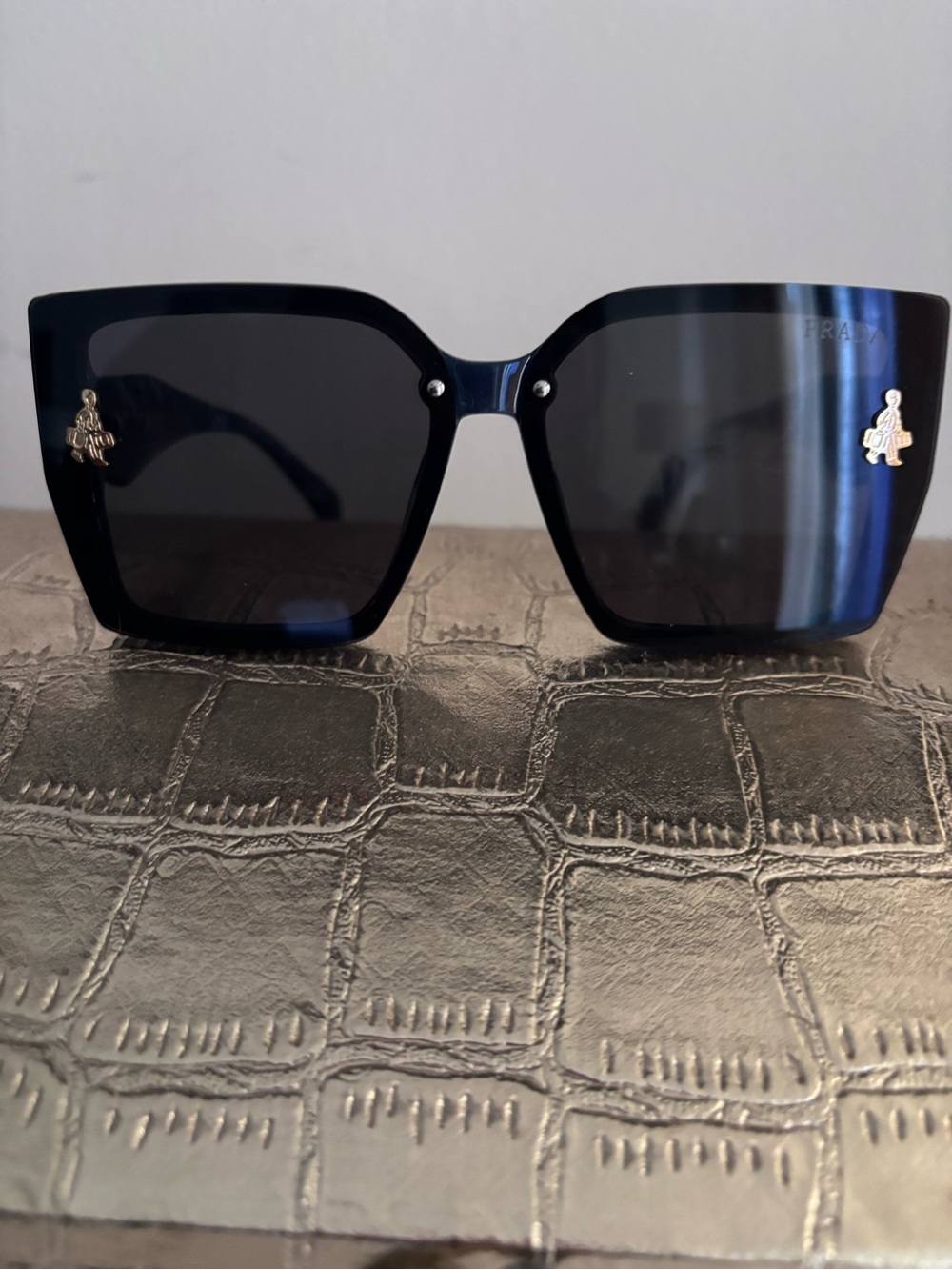 Prada Oversized Black Square Acetate Sunglasses with Gold Logo Accents